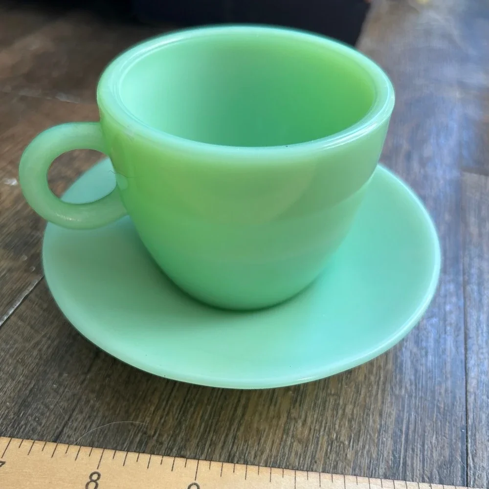 Vtg Fire-King Jadeite Oven Ware C Handle Coffee Cup Saucer Set Heavy Duty Rare